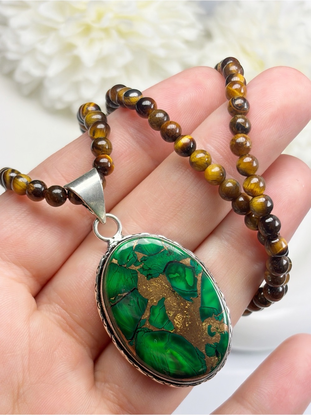 Green Copper Turquoise Pendant Tiger’s Eye Necklace Sterling Silver 925 Overlay